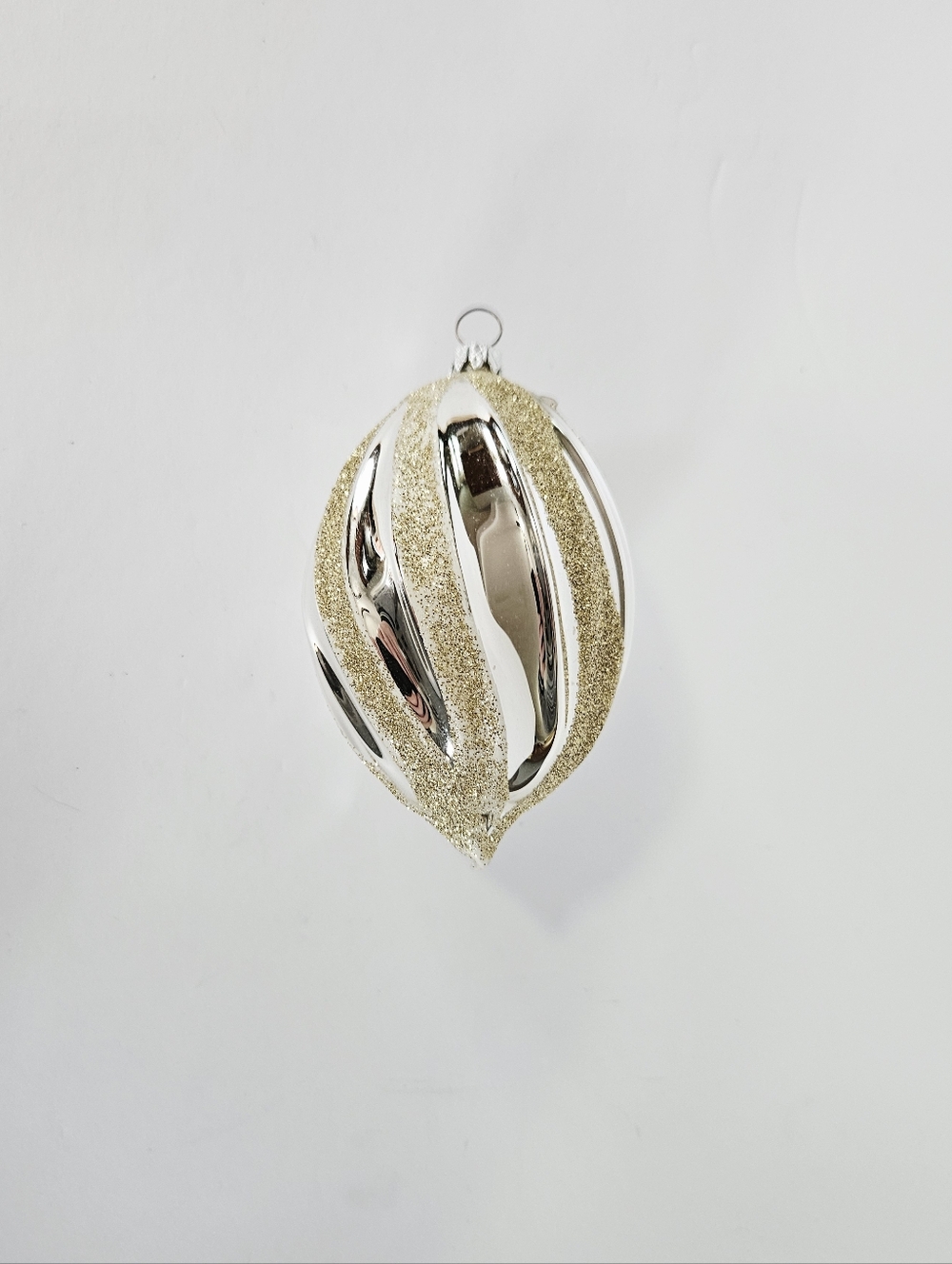 Vintage Blown Glass West Germany Silver Glitter Twist Christmas Ornament Bauble